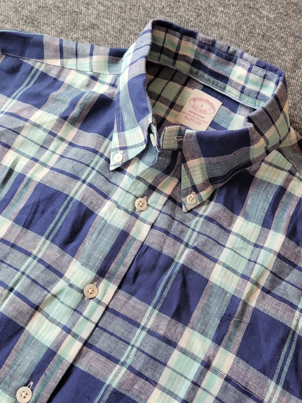Brooks Brothers Shirt Men's Large Madison Irish Linen Blue Plaid Baird McNutt